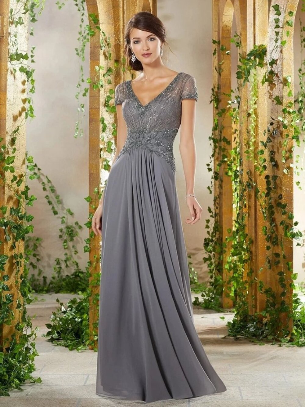 MGNY by Morilee Charcoal Gray Beaded Chantilly Lace Chiffon Dress